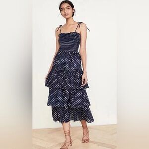 NWOT Tory Burch Belted Blue and White polka dot Ruffled Tiered Midi Dress.Size S